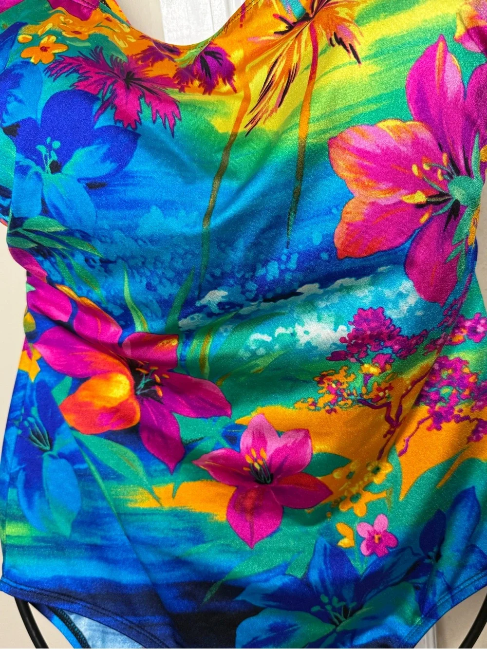 Longitude Vibrant Blue Pink Yellow Floral One-Piece Swimsuit beach scene - Picture 3 of 7